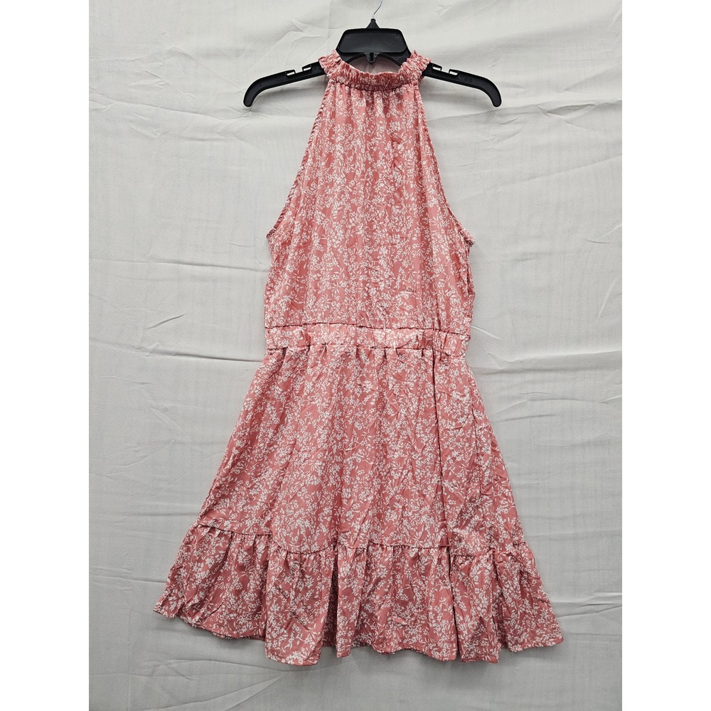 Pink Floral‎ Halter Neck Mini Dress Womens Medium RT8060 Sleeveless Ruffle Hem